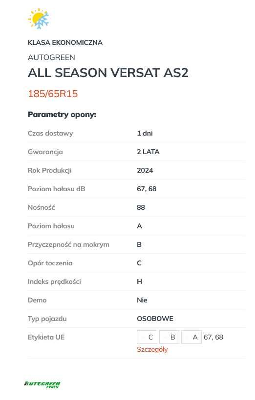 4x 185/65R15 opony Całoroczne NOWE AUTOGREEN ALL SEASON Versat AS2 88