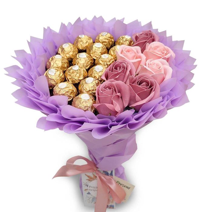 Bukiet Ferrero Rocher róże mydlane. Prezent na Urodziny, Ślub, Komunia