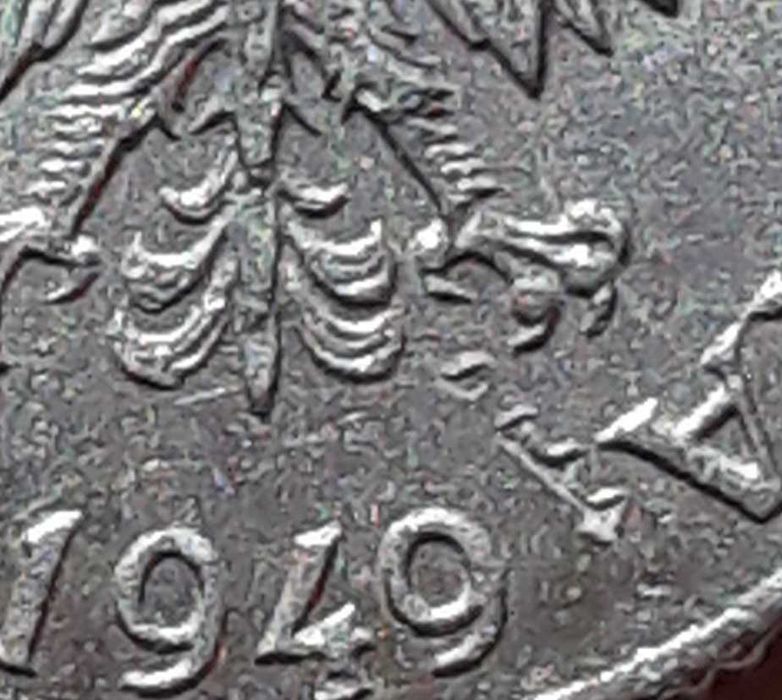 Moneta 1 grosz 1949 destrukt menniczy z runą Fehu zamiast kropki