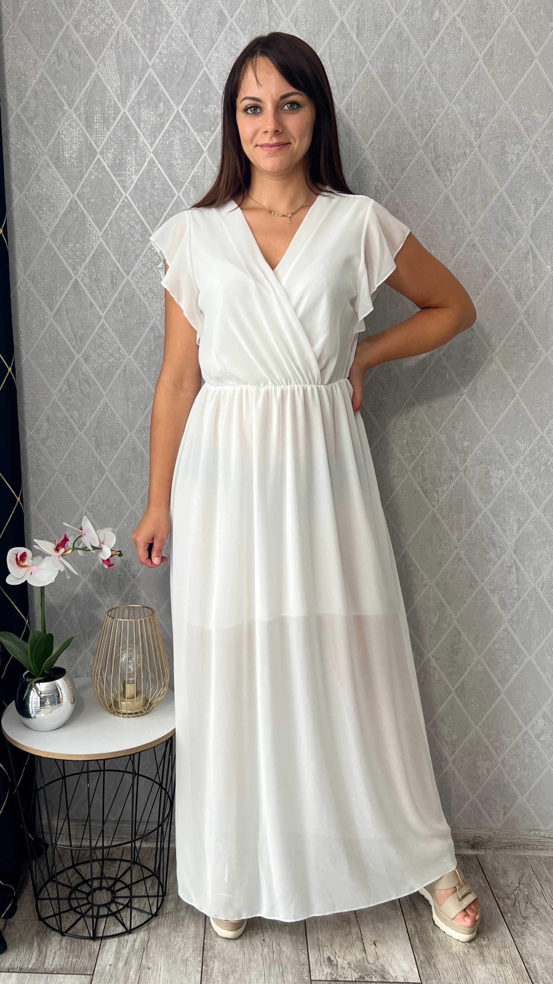 Nowa Długa Biała Sukienka M 38 Chrzest Wakacje