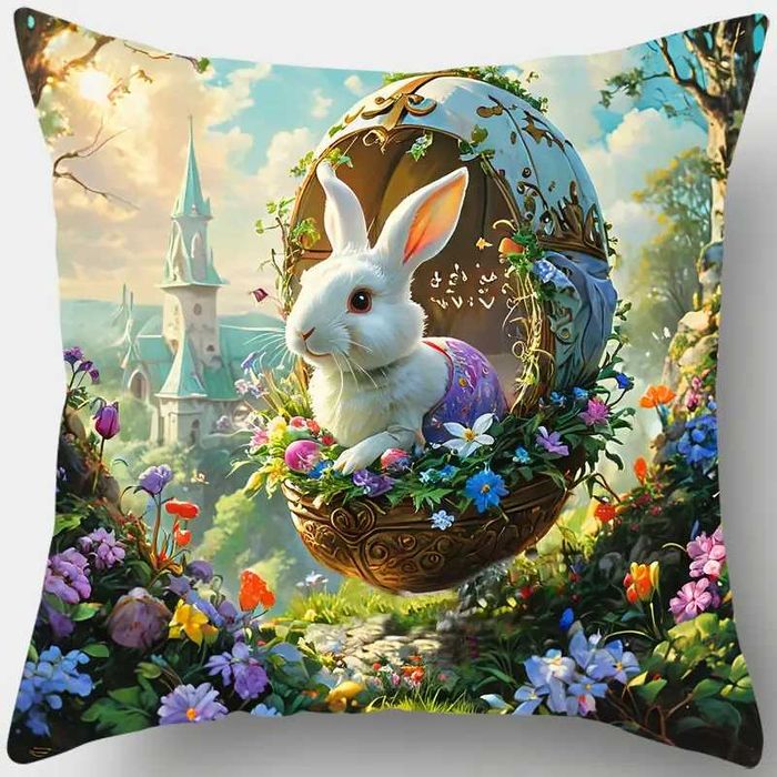 Zestaw 4 poszewek na poduszki z królikiem wielkanocnym, 45x45 cm