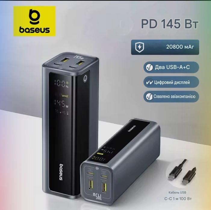 Baseus Power Bank 145W 20800mAh PD 100W Швидка зарядка для ноутбука