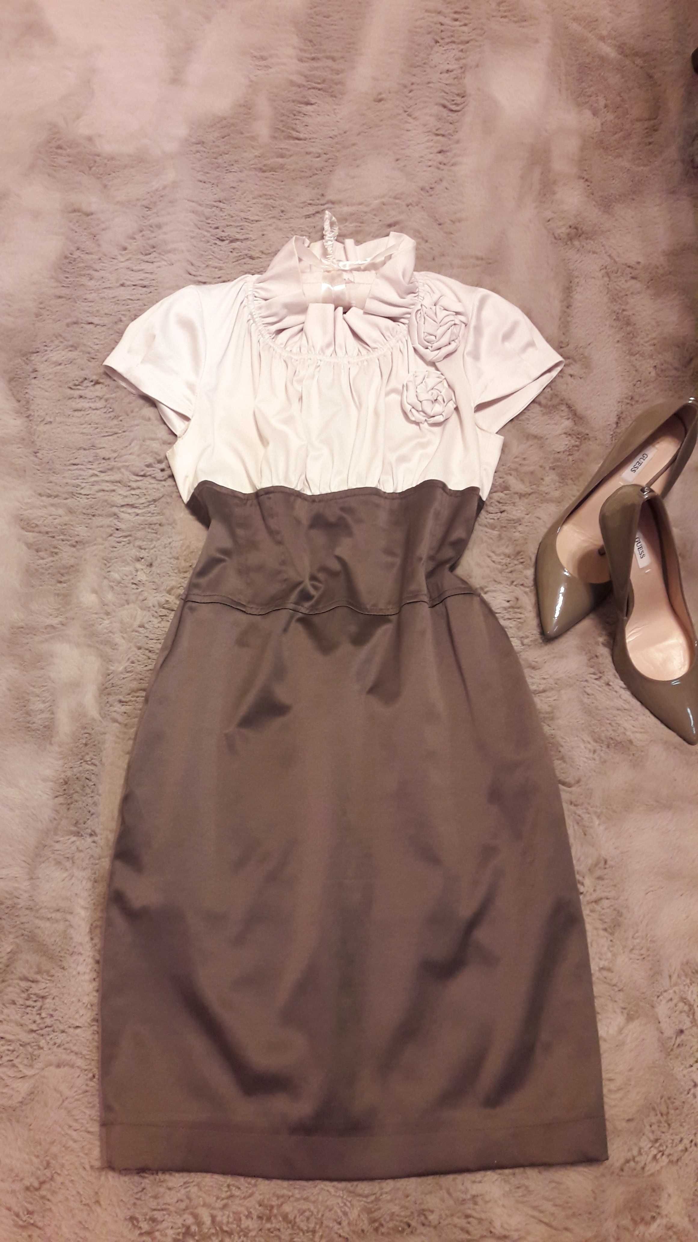 Sukienka Vintage Klasyka Elegancka kremowa/czekoladowa/taupe M