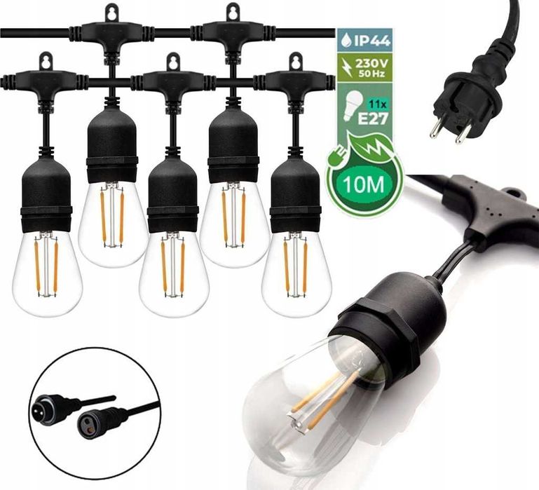 Girlanda ogrodowa łańcuch 10m E27 + 11 ŻARÓWKI LED