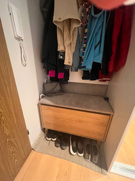 Meble przedpokój -wieszak z półką, skrzynia na buty, siedzisko, panel