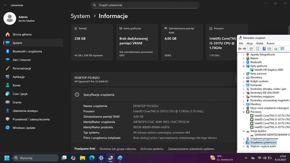Ultrabook HP Spectre XT 13 Intel i5-3317U SSD 256GB Win11 nowa bat.