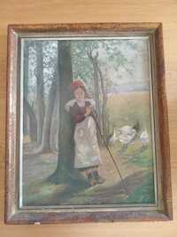 Stary obraz dziewczyna pasąca gęsi drewniana rama antyk