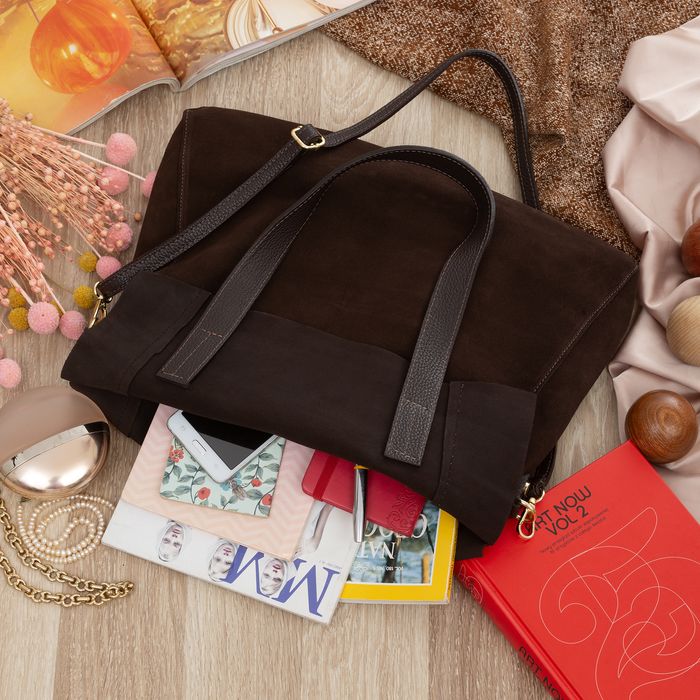 VERA PELLE torebka damska zamszowa shopper z paskiem V676 c.brązowa