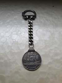 Brelok srebrny unikat do kluczy ze srebrną monetą 2 złotych ŻAGLOWIEC