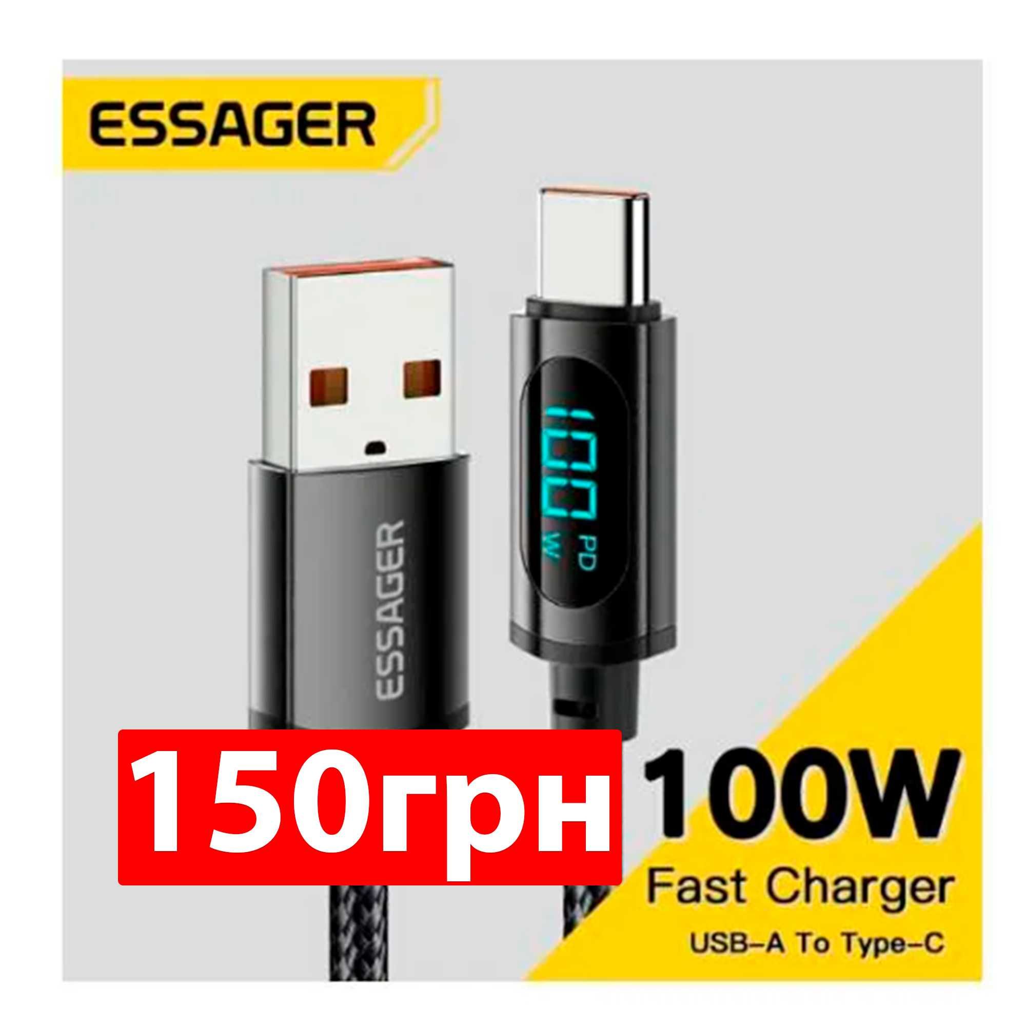 Кабель/Провод ESSAGER Led USB Type-C 7А 100W 1 метр быстрая зарядка