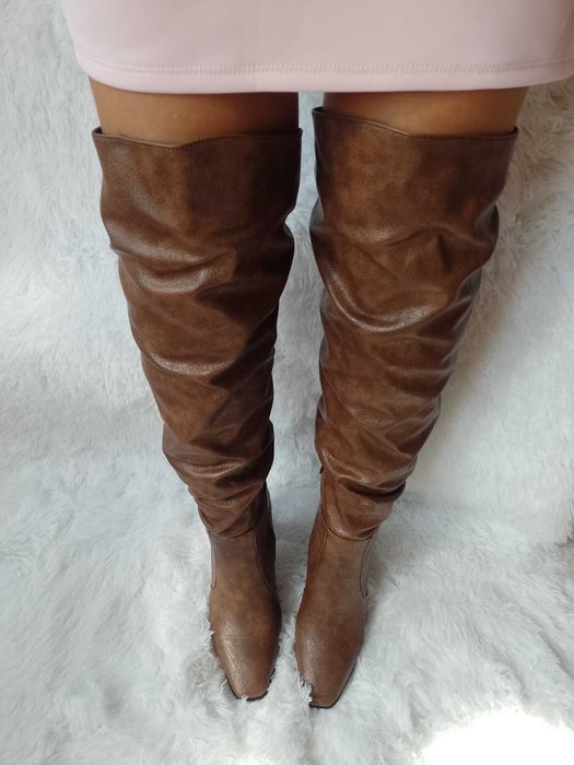 (39/40) Brązowe Kozaki za kolano muszkieterki wieczorowe, Nowe