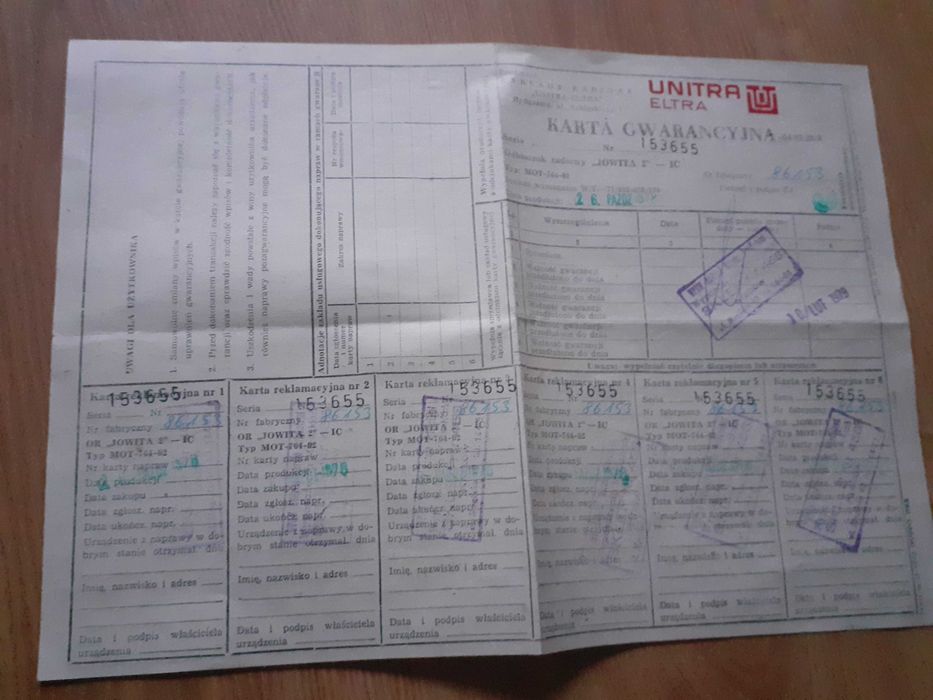 Stara karta gwarancyjna radio unitra eltra