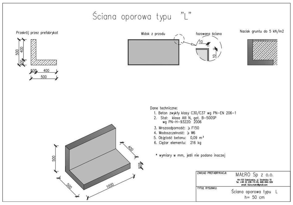 Mur oporowy typu L, mury oporowe elki 80x250x40x10 prefabrykat muru
