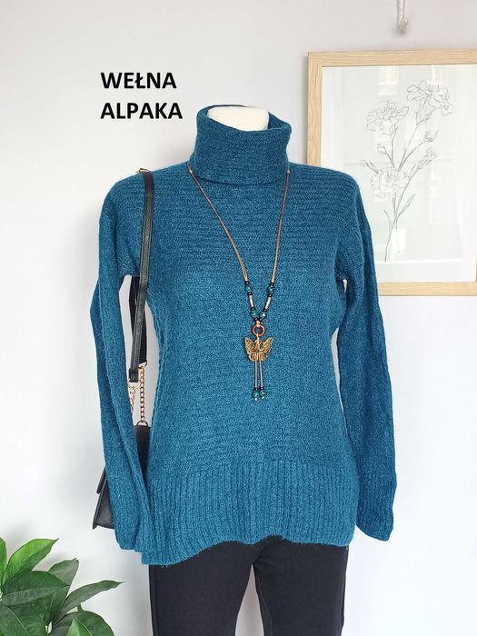 Niebieski morski sweter golf włochaty alpaka wełna damski Hugo Boss M