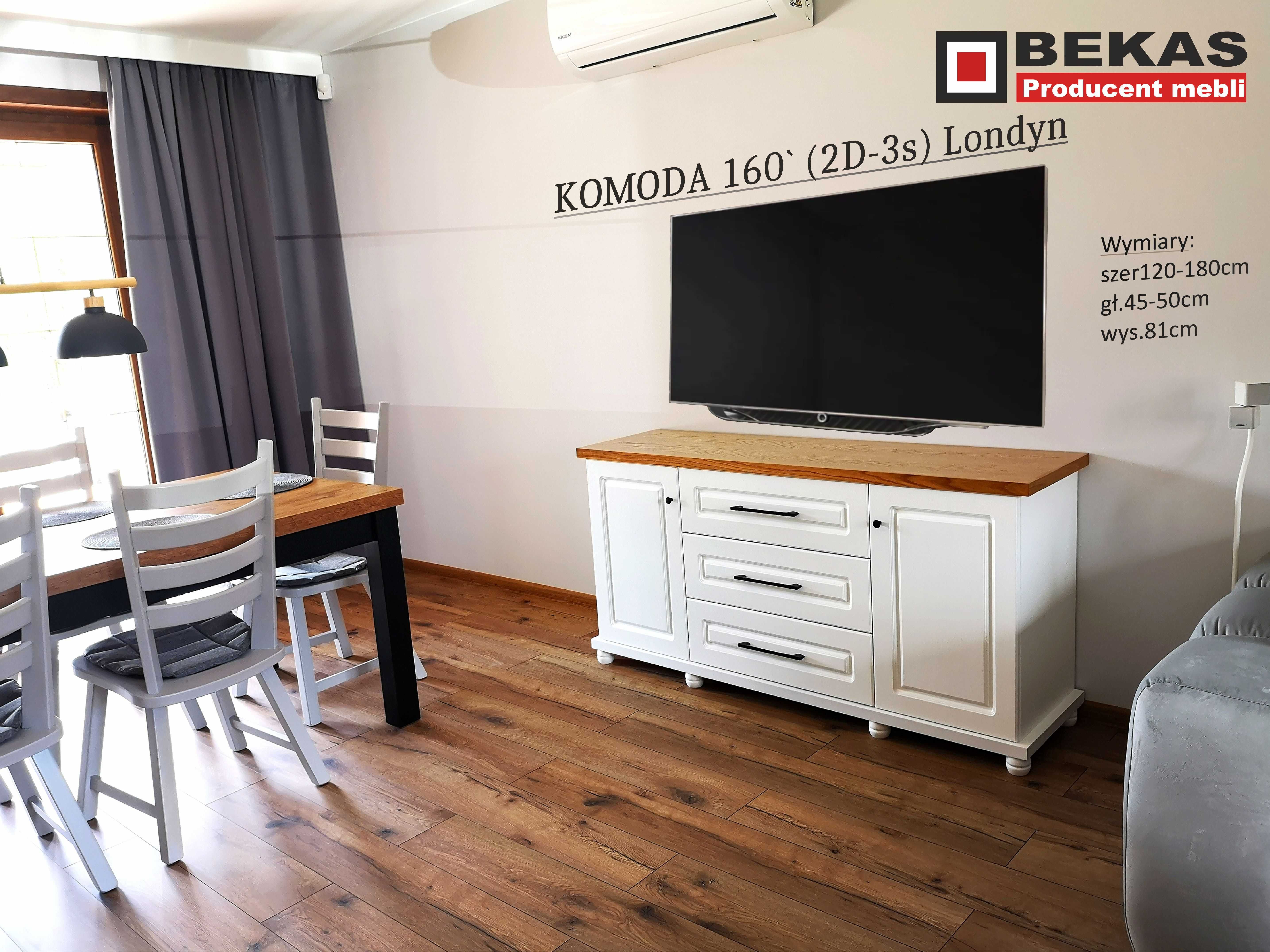 KOMODA  RTV 150` Londyn (2-D)  niska Biała Blat Dąb Producent BEKAS
