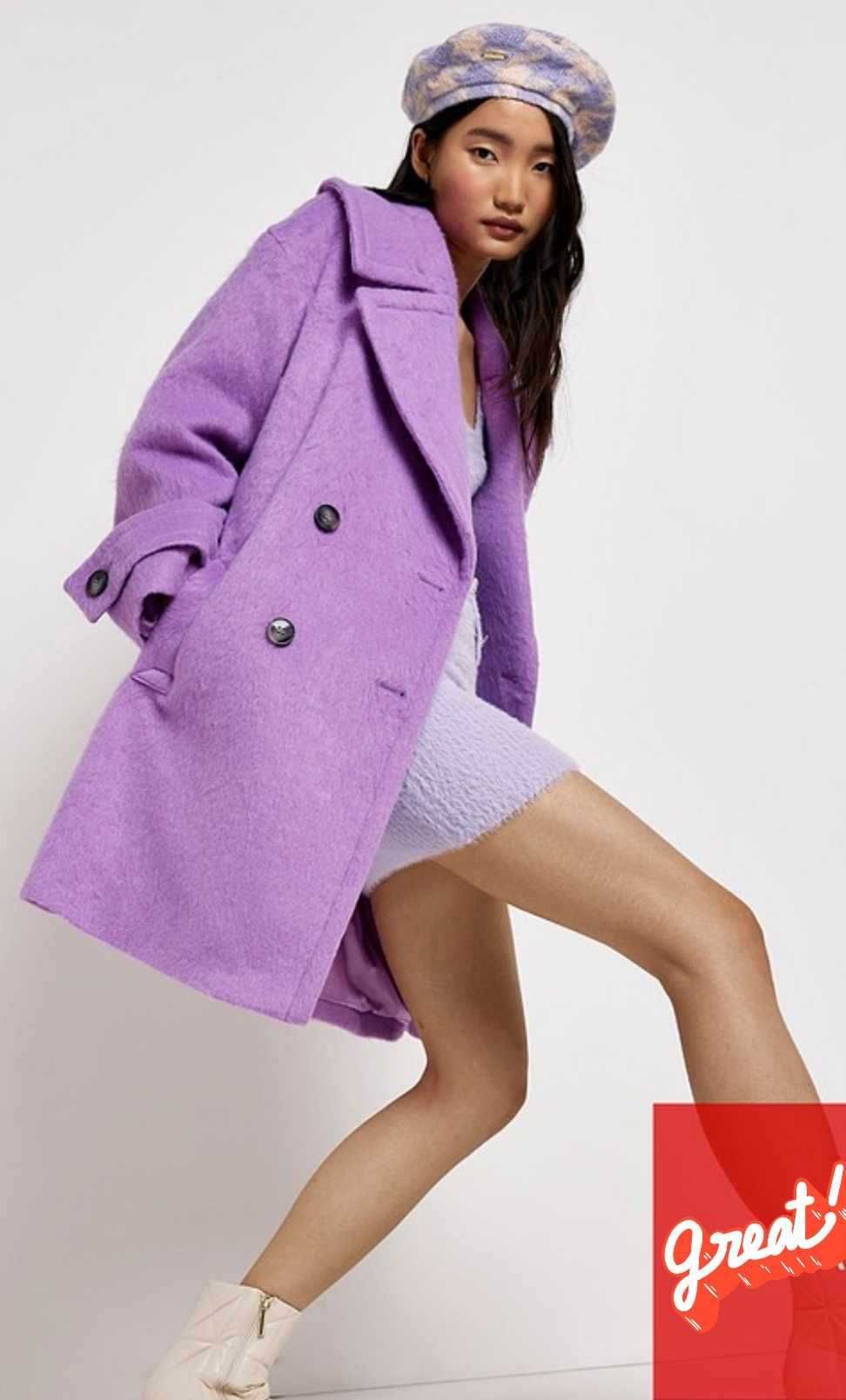 Стильное пальто лиловое, сереневое прямого кроя, оверсайз river island