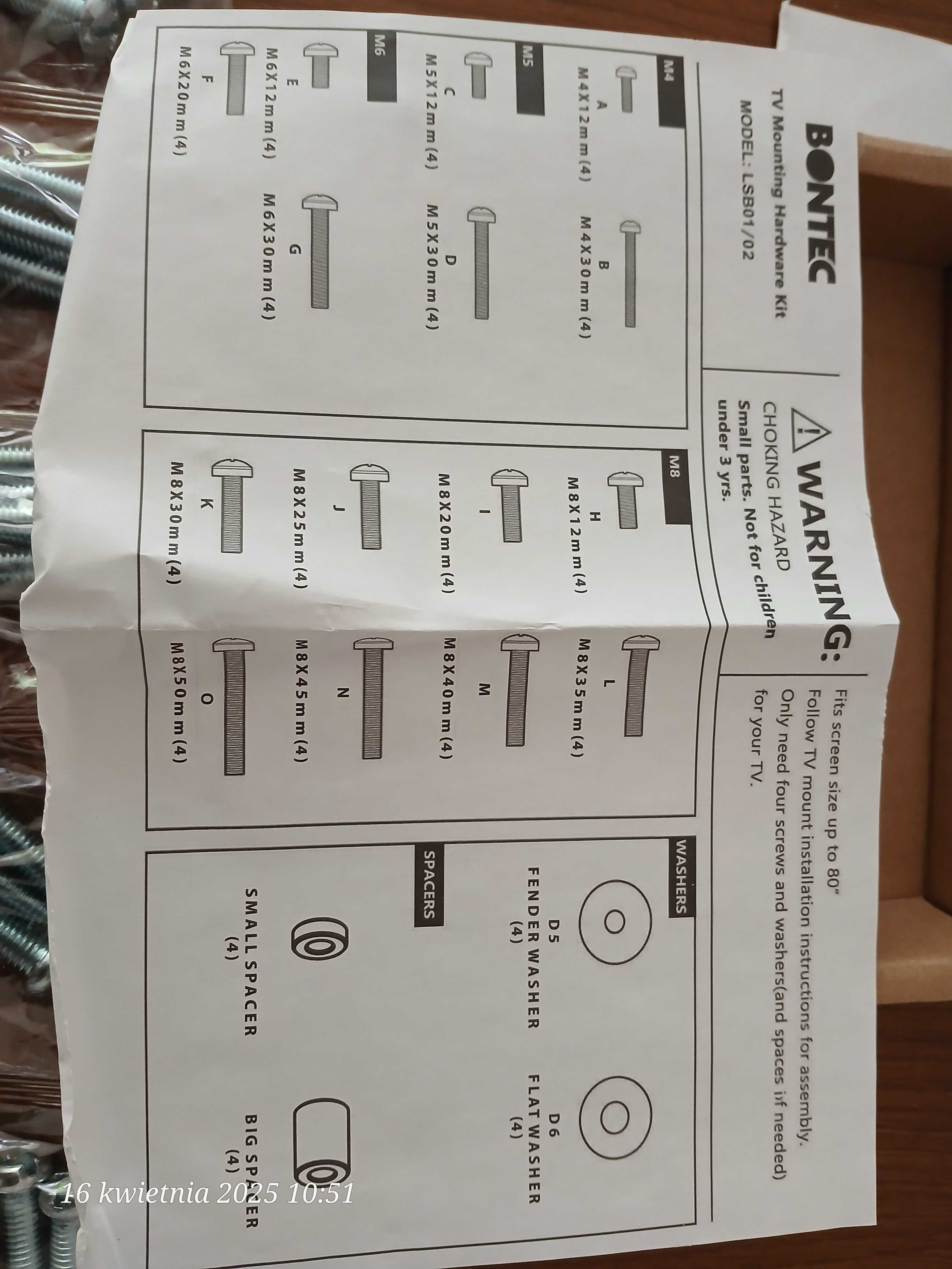 zestaw śrub do montażu telewizora monitora