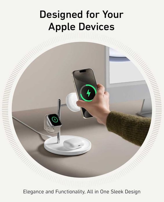 Зарядний пристрій Anker 3 в 1 MagSafe Stand Qi2 15W із блоком жив 40W