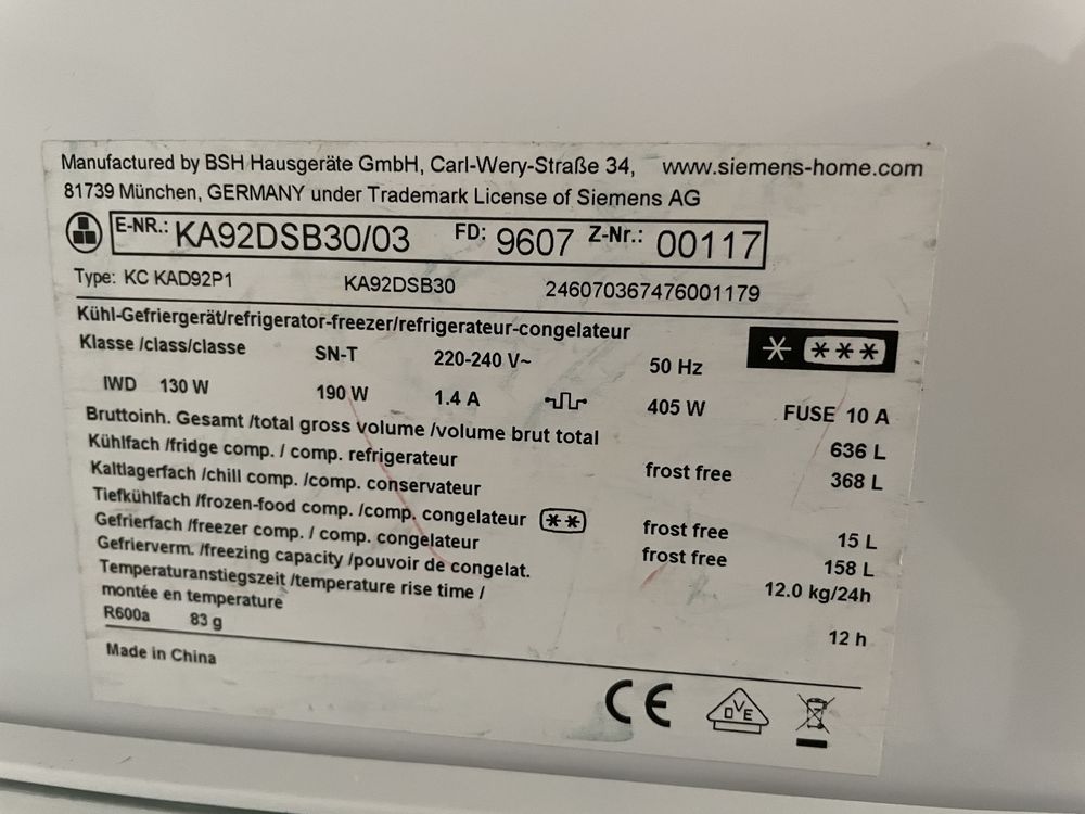 Frigorifico Americano Siemens KA92DSB30/03 (avariado)