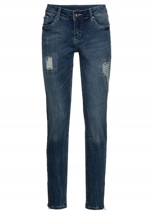 bonprix jeansowe spodnie damskie rurki skinny z przetarciami zamki 38