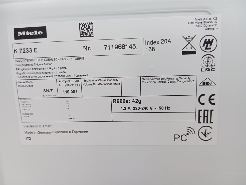Встраиваемый холодильник Miele K 7233 102см А++ из Германии Гарантия
