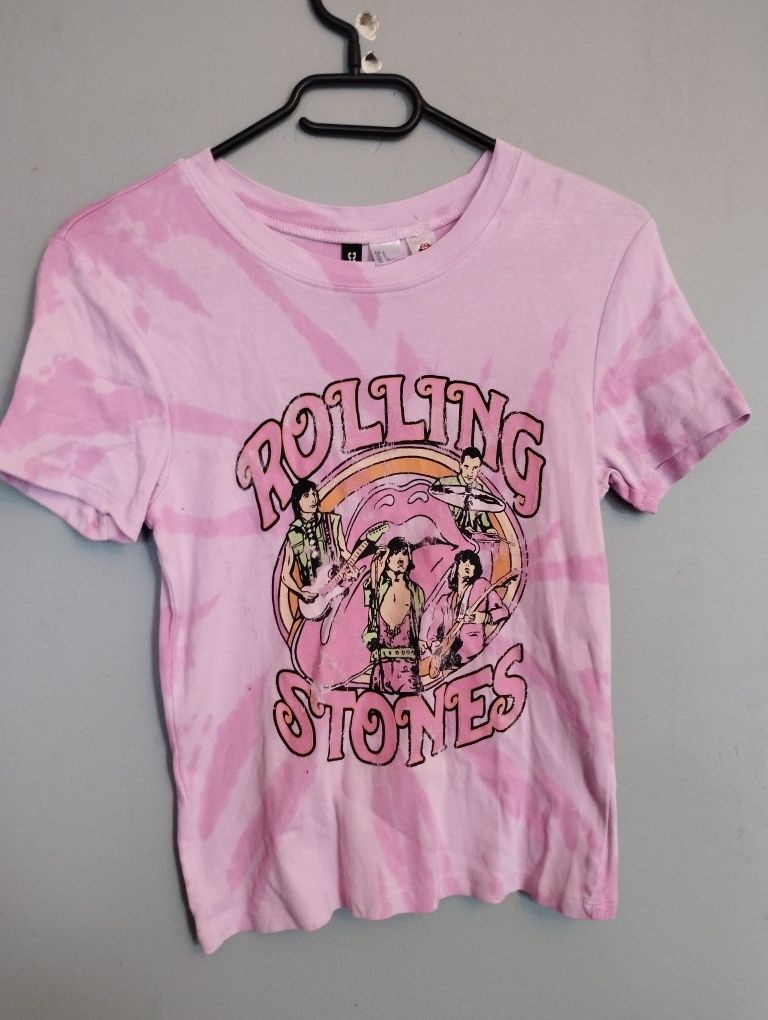 Różowa dopasowana bluzka bawełna Rolling Stones 34 36 h&m tie dye