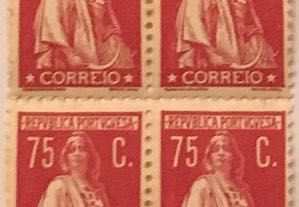 Quadra de selos novos de 75 c - Ceres - gravura retocada - 1930