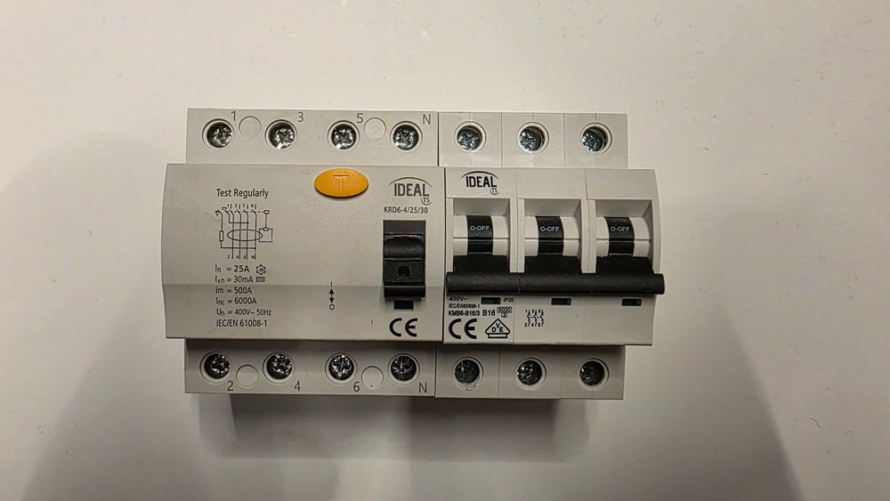 Wyłącznik różnicowo-prądowy Ideal KRD6-4/25/30 i nadprądowy KMB6-B16/3