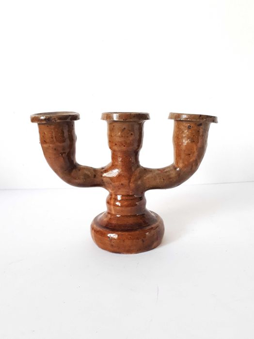 świecznik ceramiczny Iłża Chałupnik Cepelia trójramienny vintage