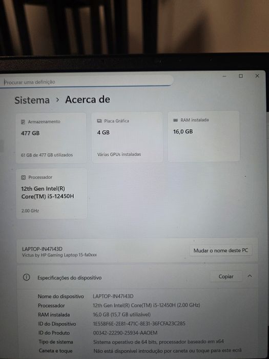 Portátil Gaming HP Victus 16GB/512GB RTX3050 como novo