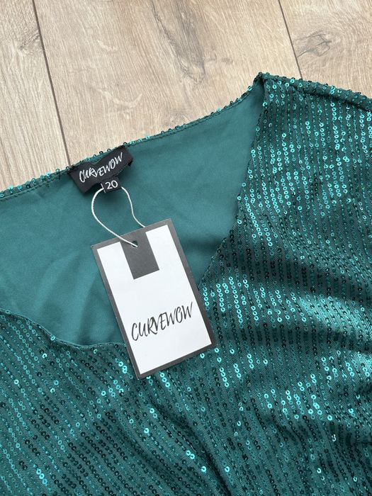 Sukienka zielona cekiny błyszcząca plus size cekinowa midi nowa rękaw
