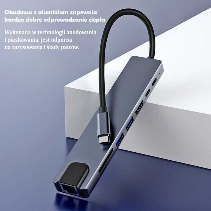 HUB Adapter USB-C 8w1 – Aluminium HDMI , RJ45, USB-C, Stacja dokująca
