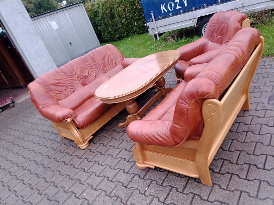 Komplet FLORYDA 3+2+1 i Ława Rozkładana i Podnoszona , Dąb -Skóra Brąz