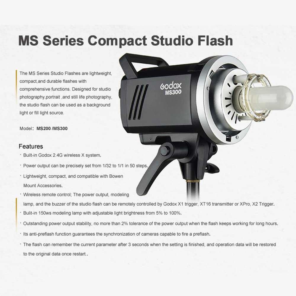 Flash Strobe 300W Godox MS300 + lâmpada de modelagem 150W + refletores