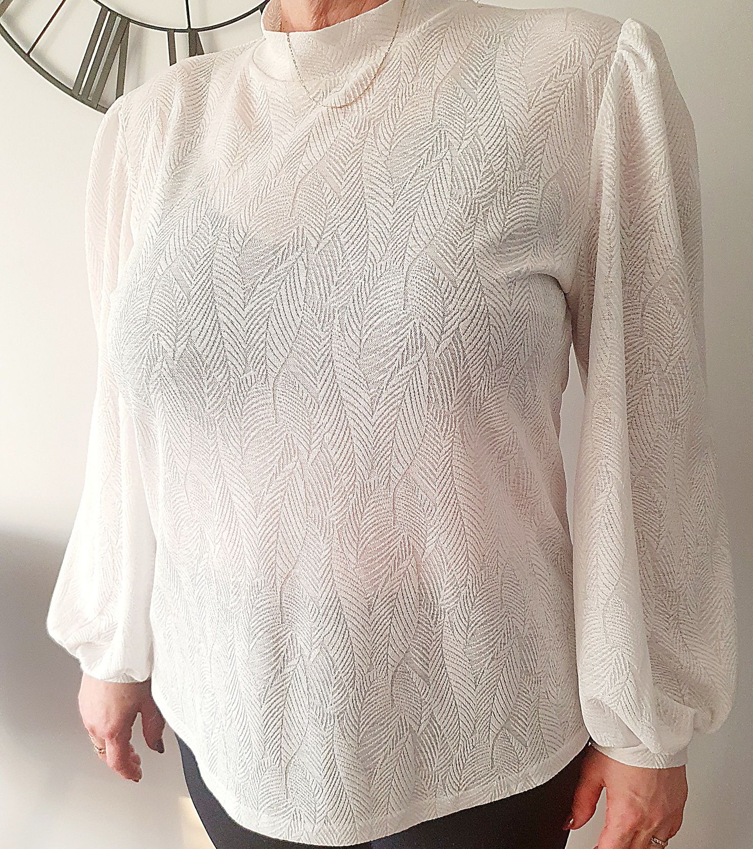 Biała bluzka ze stójką, wzór liście ,Fransa, r.2 XL