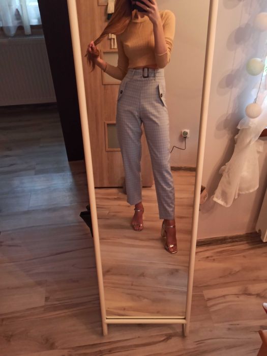 Spodnie damskie wysoki stan kratka błekitne pasek klamra XS rurki