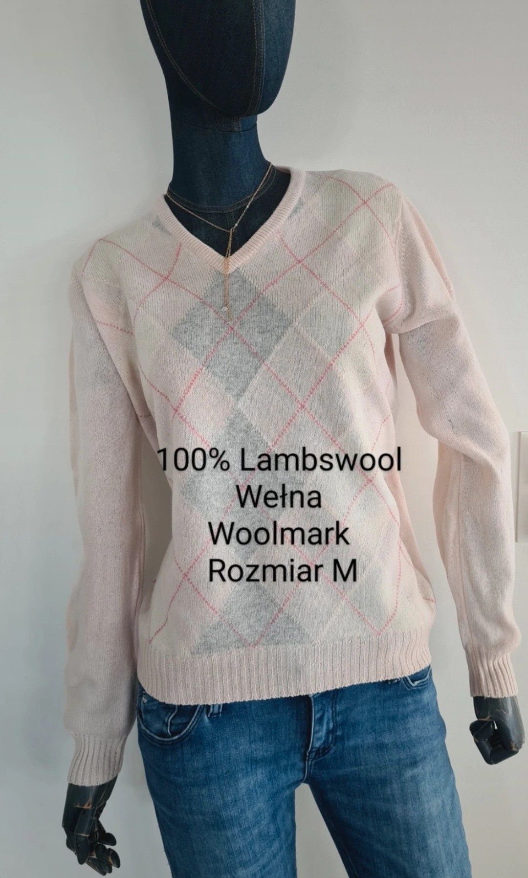 Sweter 100% Lambswool Wełna. Woolmark. Pastelowe kolory. Rozmiar M.