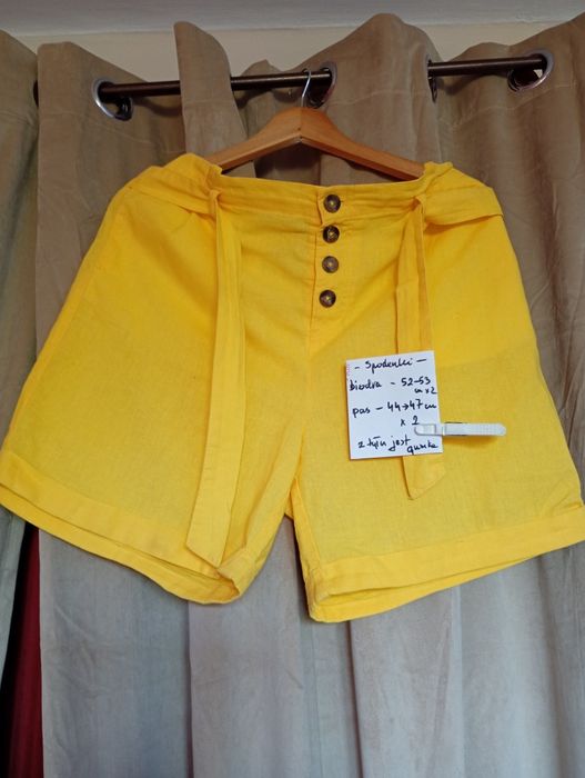 Spodenki lniane żółte z paskiem i gumką w pasie