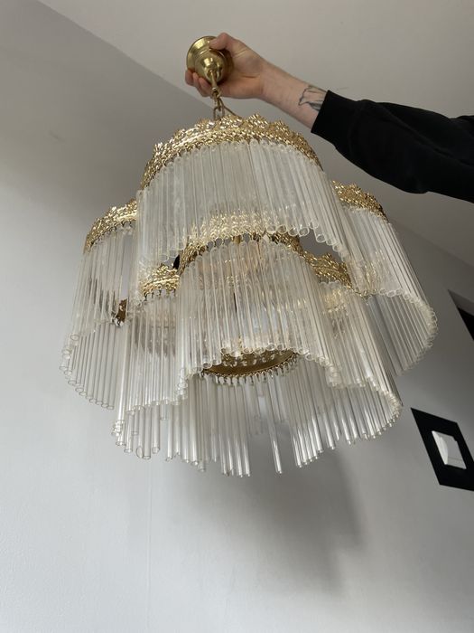 Lampa zyrandol duzy zloty ze szklem antyk lata 70