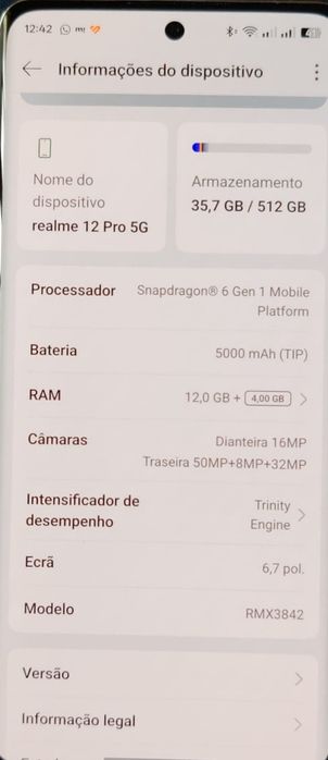Smartphone Realme 12 Pro 12 / 512GB com caixa e acessórios