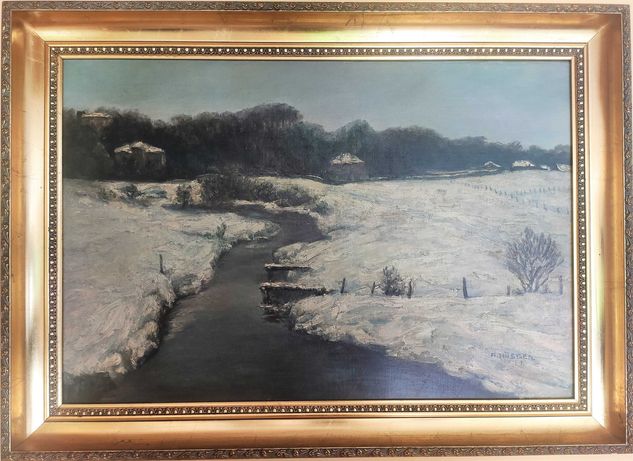 Obraz „Pejzaż zimowy z rzeką”, Anton Hüsgen, pocz. XX wieku