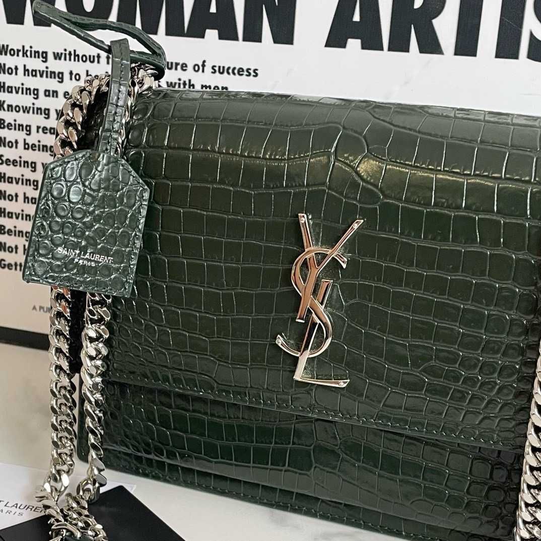 YSL Sunset damska torebka typu crossbody z łańcuszkiem wzór krokodyla