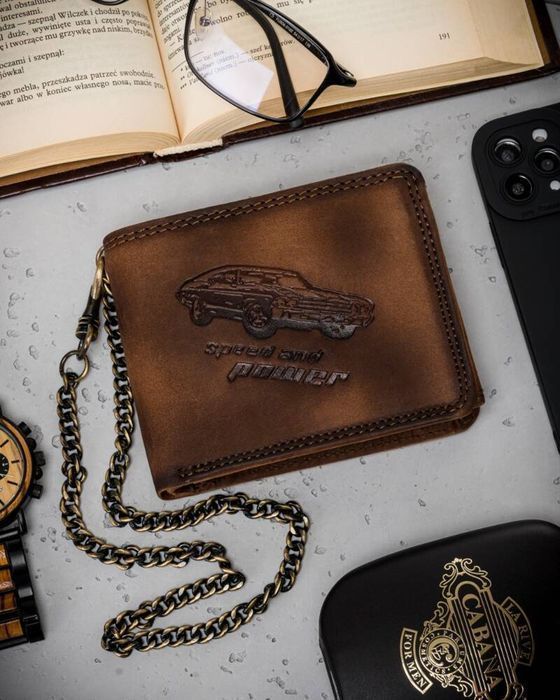 Duży, Skórzany Portfel Męski Z Łańcuszkiem