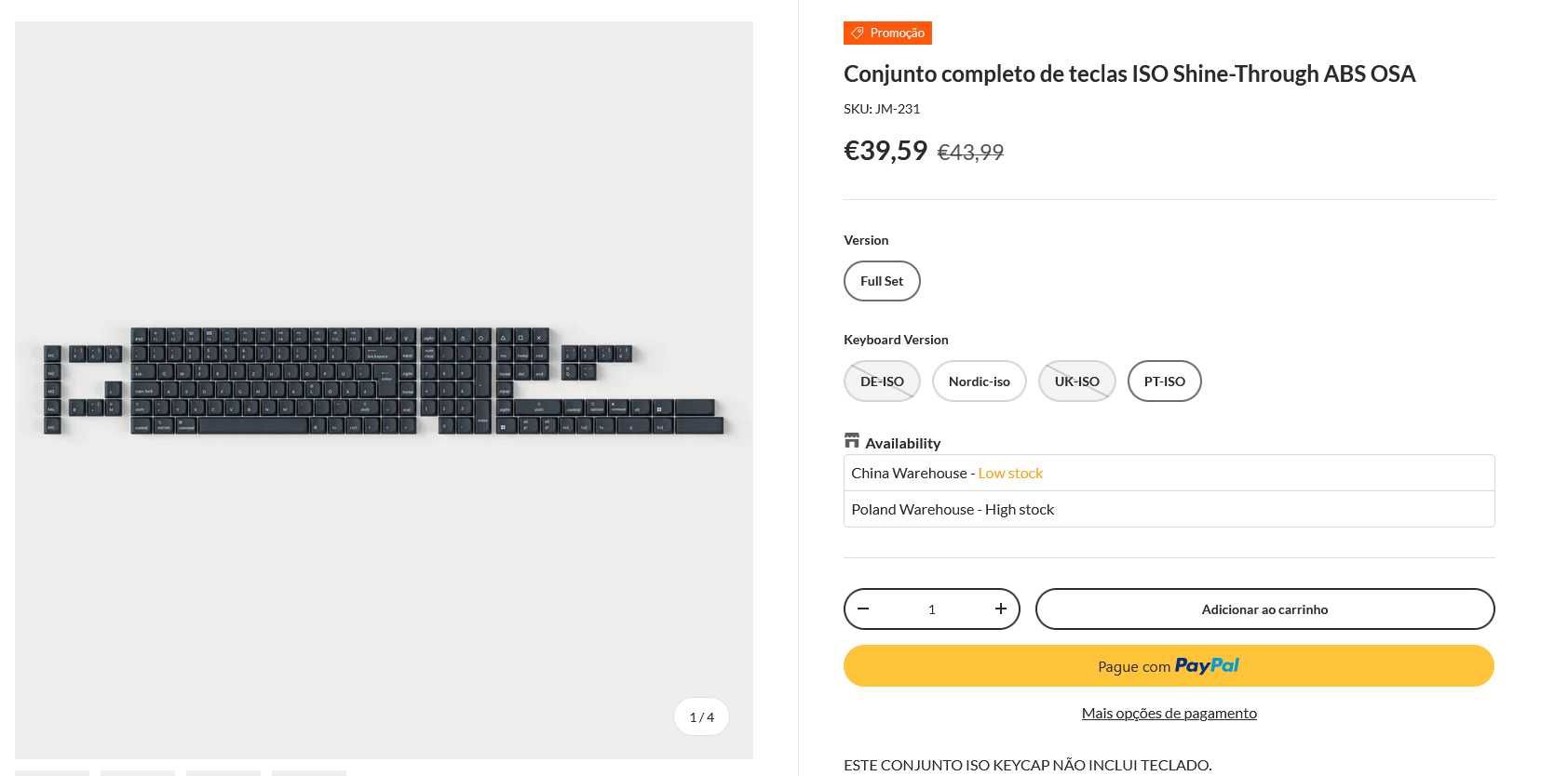 Keycaps Keychron ISO PT - Cinza