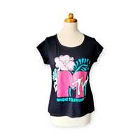 Czarny damski t-shirt M koszulka bluzka MTV kwiaty muzyczna retro