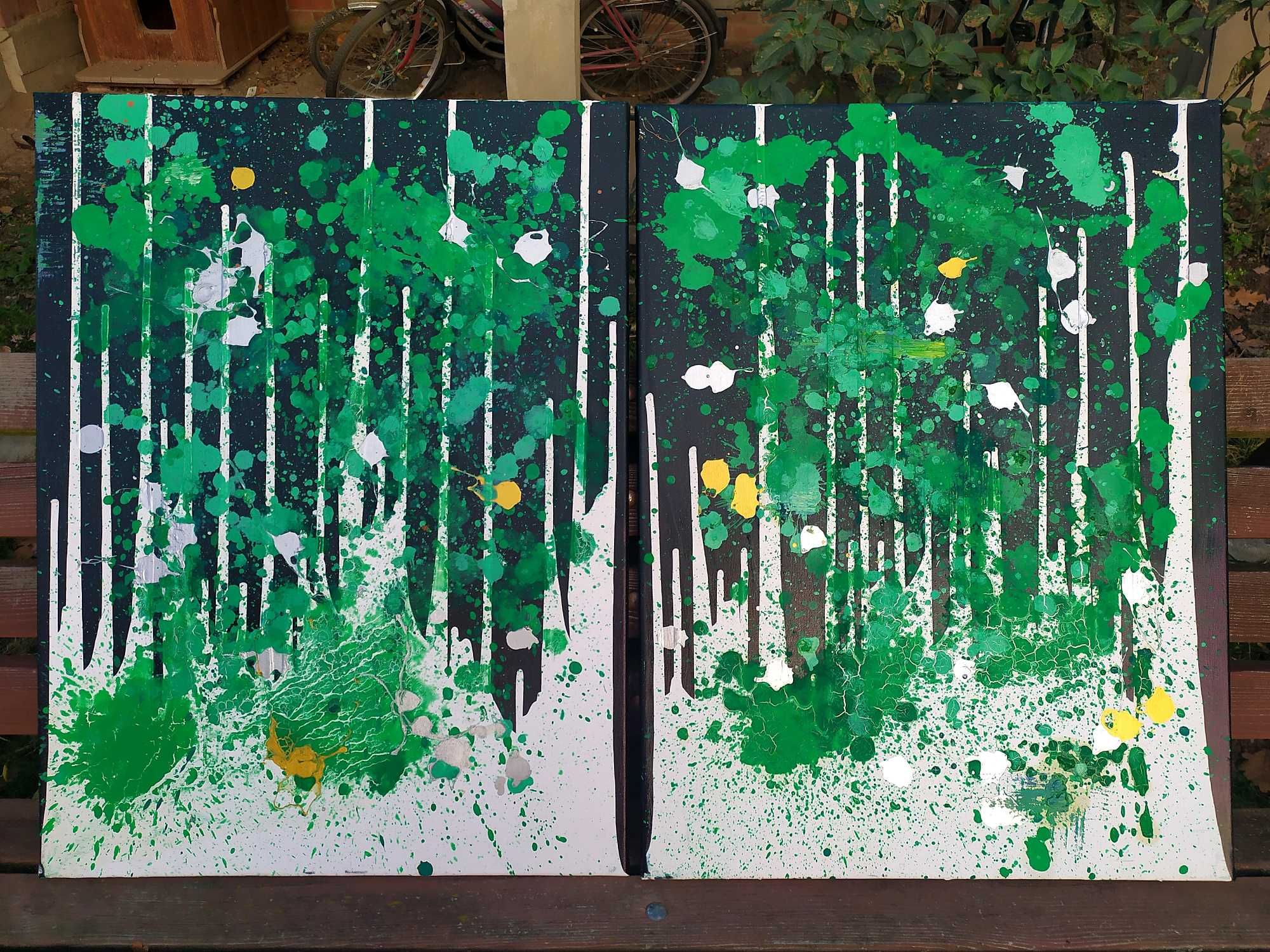 Zestaw dwóch obrazów olejnych  "zielona abstrakcja" 60x80 cm