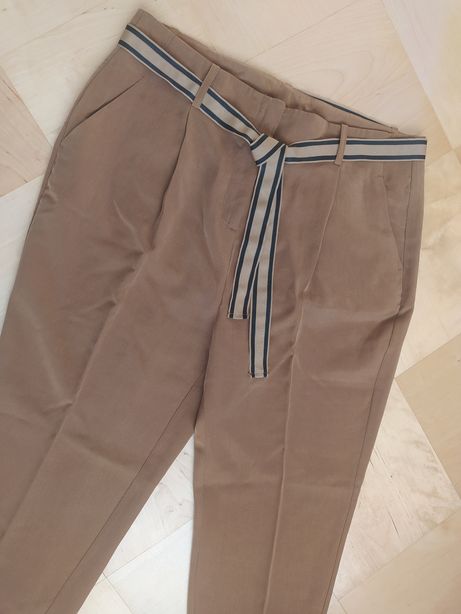 Brązowe karmelowe damskie spodnie pasek XL oltre wysoki stan markowe
