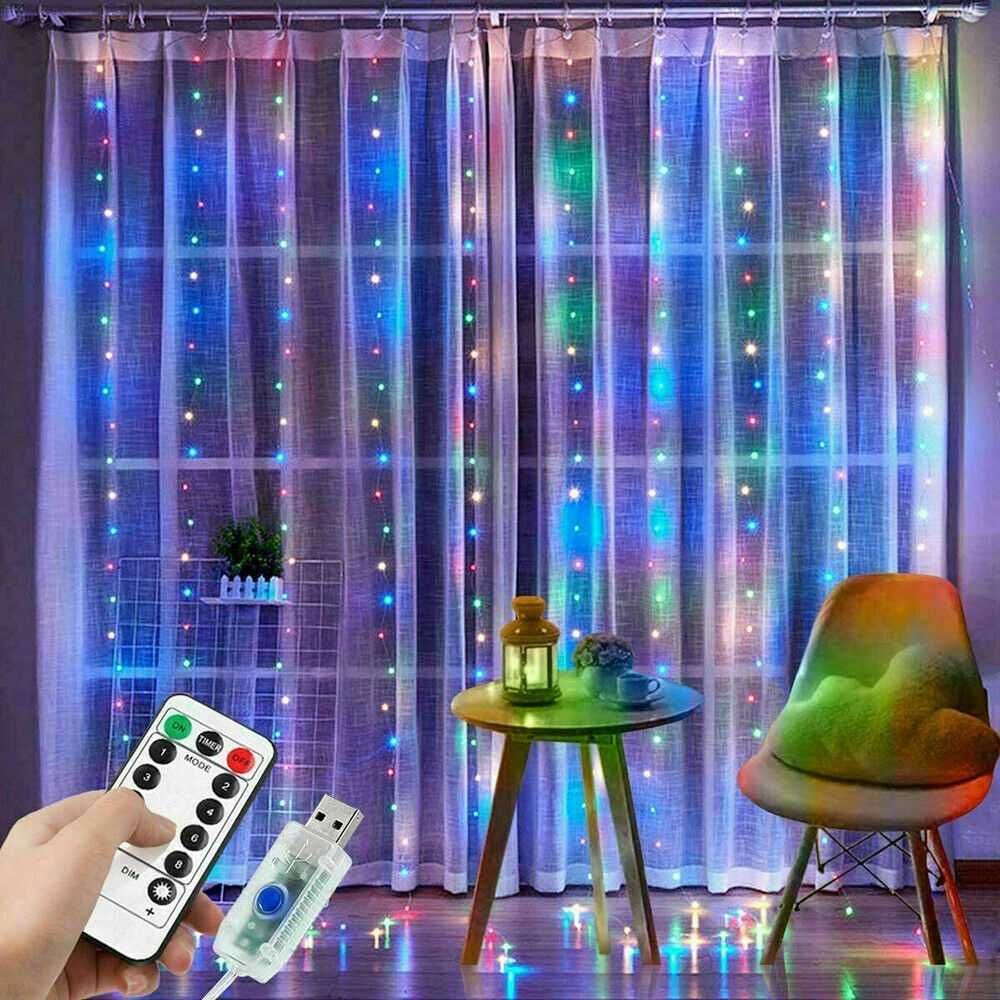 Kurtyna świetlna girlanda 300 LED 3 x 3m lampki USB multikolor