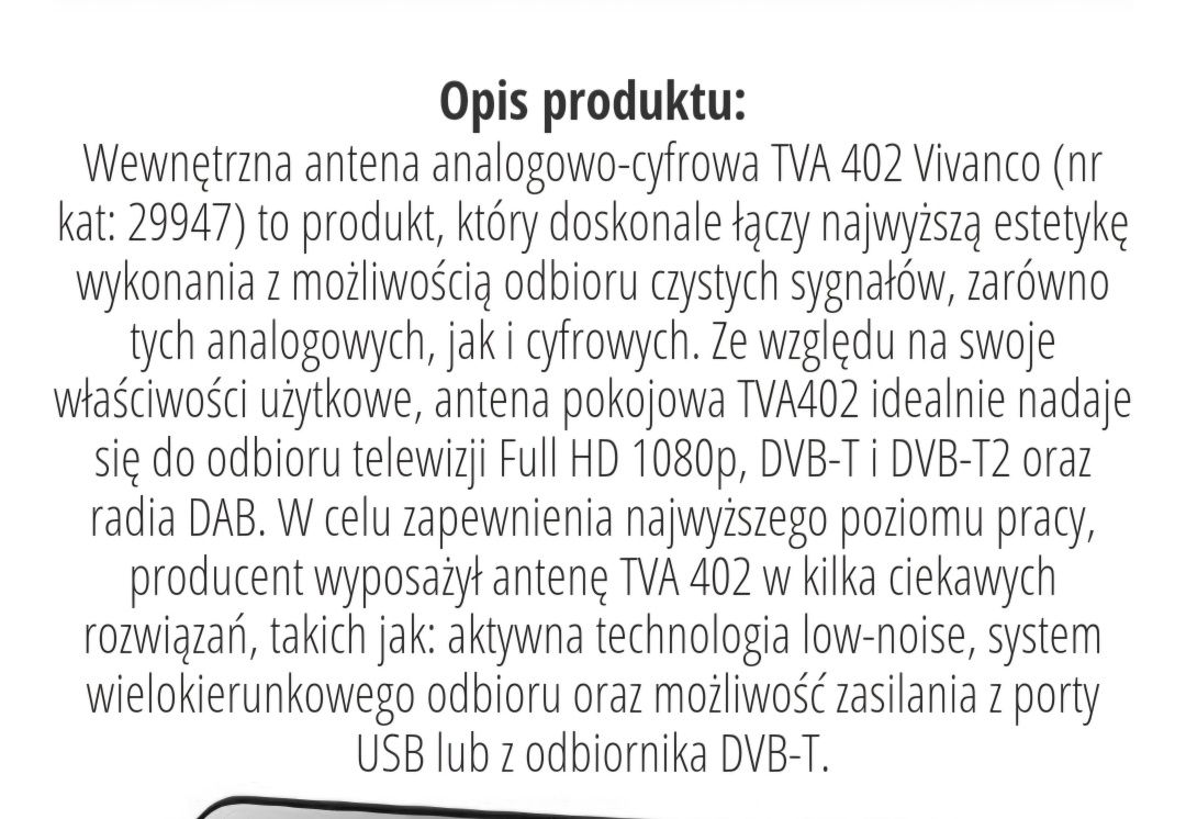 Antena wewnętrzna analogowo-cyfrowa DVB-T Vivanco TVA 402