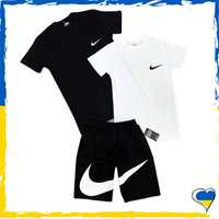 Комплект шорти Nike Big Swoosh + футболка Nike біла-чорна. Свуш S-2XL